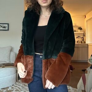 Stylish Green and Brown Faux Fur Coat